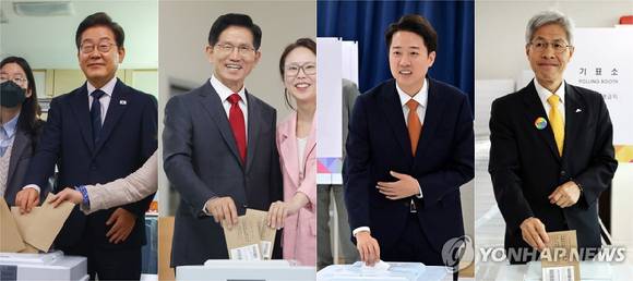 제21대 대통령선거 사전투표 첫날인 29일 더불어민주당 이재명 후보가 서울 서대문구 신촌동 주민센터 사전투표소에서 청년들과(왼쪽부터), 국민의힘 김문수 후보가 인천 계양구 계양1동 주민센터에서 딸 김동주 씨와, 개혁신당 이준석 후보가 경기도 화성시 동탄9동 행정복지센터에서, 민주노동당 권영국 후보가 전남 여수시 주암마을회관에서 각각 사전투표를 하고 있다. 2025.5.29 [사진=연합뉴스]