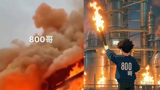 지난달 발생한 중국 쓰촨성 방직공장 방화사건의 인터넷 영상과 AI 이미지. [사진 엑스 캡처]
