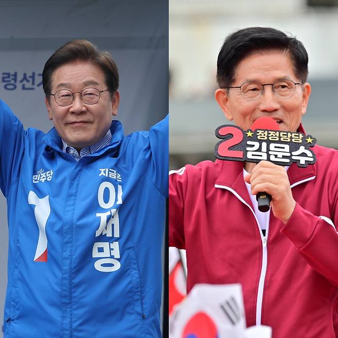 Democratic Party presidential candidate Lee Jae-myung (left) greets citizens at Starfield Hanam in Gyeonggi Province on Monday, while People Power Party presidential candidate Kim Moon-soo (right) campaigns at Dongmun Rotary in Jeju City on the same day, one day before South Korea’s second-ever early presidential election. (Left photo: Yonhap; right photo: pool photo via Yonhap. Combined by The Korea Herald)