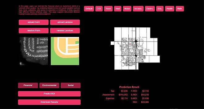 PREDROI의 사용화면. PREDROI는 독자적인 공간 데이터 형식을 바탕으로 딥러닝 모델을 활용해 공시지가, 세수, 인프라 비용, 교육 접근성, 소음 및 재해 노출도 등 다양한 요소를 통합적으로 예측·분석하는 도구다.