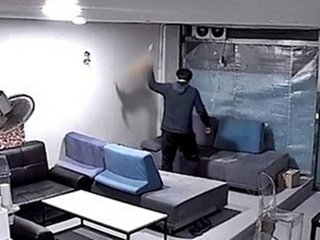 부산 한 사무실에서 30대 남성이 새끼고양이를 학대하는 모습이 담긴 CCTV 화면./사진=부산동물사랑길고양이보호연대 제공