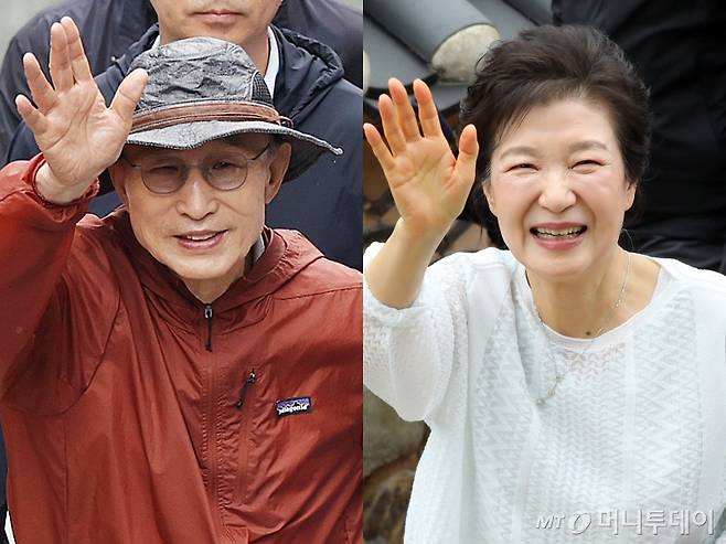제21대 대통령선거를 하루 앞둔 2일 이명박·박근혜 전 대통령이 나란히 공개 행보에 나섰다.   사진은 서울시장 재임 시절 복원한 청계천을 찾은 이명박 전 대통령과 부산 금정구 범어사를 방문한 박근혜 전 대통령. 2025.6.2/뉴스1  Copyright (C) 뉴스1. All rights reserved. 무단 전재 및 재배포,  AI학습 이용 금지.