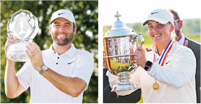 미국의 스코티 셰플러(왼쪽 사진)가 PGA투어 특급대회 메모리얼 토너먼트 트로피를 들고 환하게 웃고 있다. 오른쪽 사진은 LPGA투어 메이저대회 US여자오픈에서 우승한 스웨덴의 마야 스타르크.  AFP 이매진이미지스 연합뉴스