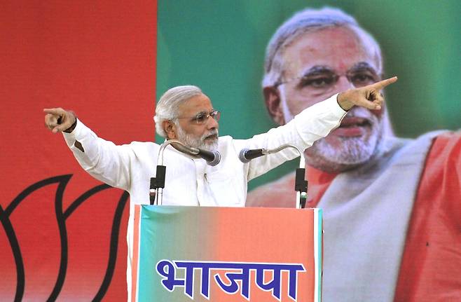 지난 2013년 10월 인도 구자라트주(州) 수상이었던 나렌드라 모디 총리가 연설하던 모습. [게티이미지]