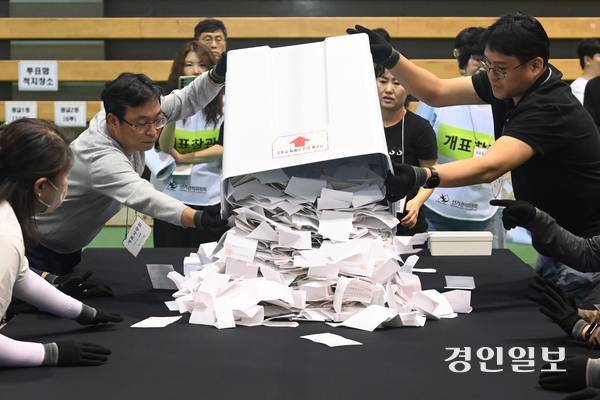 3일 오후 수원시 영통구 아주대학교 실내체육관에 마련된 개표장에서 제21대 대통령선거 개표가 실시되고 있다. 2025.6.3 /최은성기자 ces7198@kyeongin.com