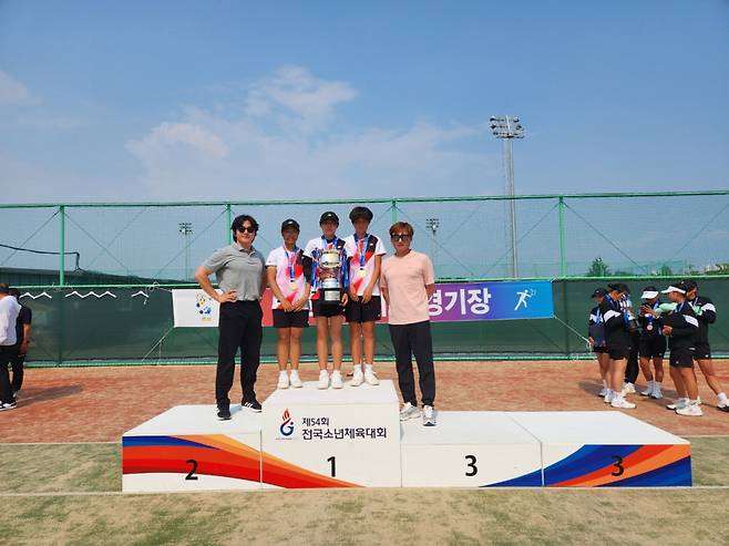 제54회 전국소년전 소프트테니스 단체전 우승을 차지한 문경여중 선수와 지도자들. /문경교육지원청 제공