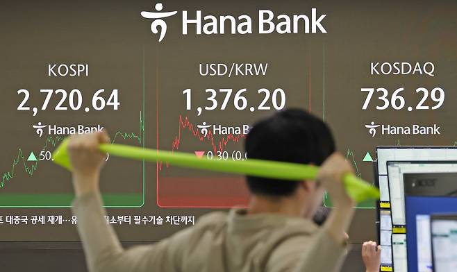 29일 서울 중구 하나은행 딜링룸에 코스피, 코스닥 종가와 환율 시황이 표시되고 있다./뉴스1 제공