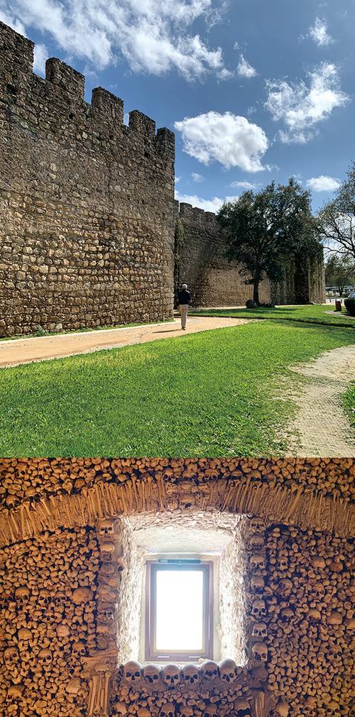 (위) 중세 성벽으로 둘러싸여 있는 도심  (아래) 인간의 두개골과 뼈로 덮여 있는 뼈 예배당