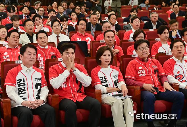 제21대 대통령선거가 실시된 3일 서울 여의도에 마련된 국민의힘 개표 상황실에서 김용태 국민의힘 공동선거대책위원장을 비롯한 당 관계자들이 방송사 출구조사를 지켜보고 있다. 이동근·김민수기자 photo@etnews.com
