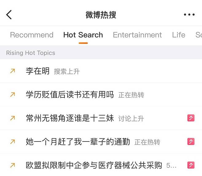 3일 저녁 10시 중국 사회관계망서비스(SNS) 웨이보에는 ‘이재명’이 실시간 급상승 검색어에 올랐다.
