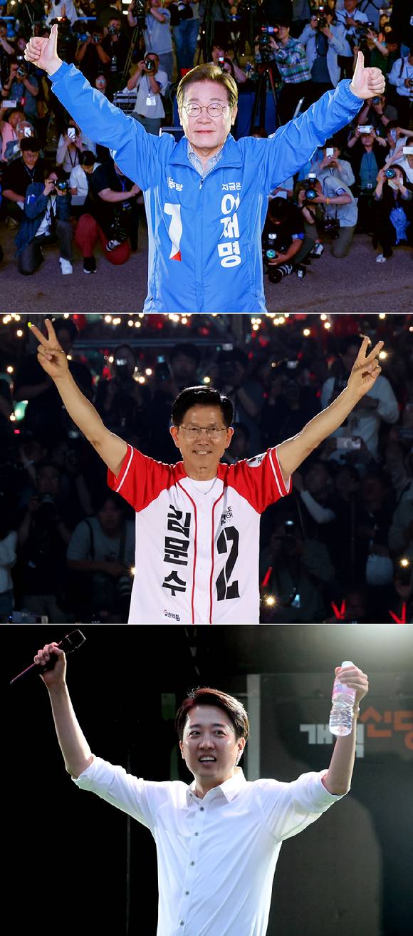 제21대 대통령 선거 투표를 하루 앞둔 2일 더불어민주당 이재명 대선후보(사진 위쪽부터)가 서울 여의도공원에서 국민의힘 김문수 대선후보는 서울광장에서 개혁신당 이준석 대선후보는 대구 수성못 상화동산에서 마지막 유세를 펼치고 있다. 2025.6.2 [공동취재] [사진=연합뉴스]