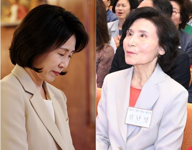 이재명 더불어민주당 대선 후보 배우자 김혜경 여사가 지난달 27일 전남 고흥군 소록도 내 성당에서 기도하고 있다(왼쪽). 김문수 국민의힘 대선 후보 배우자 설난영 여사가 지난 1일 여의도순복음교회 주일예배에 참석하고 있다. 연합뉴스, 여의도순복음교회