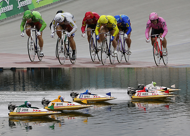 광명스피돔에서 열리는 경륜 경주(위 사진)와 미사경정장에서 열리는 경정 경주. 사진=서울올림픽기념국민체육진흥공단 경륜경정총괄본부