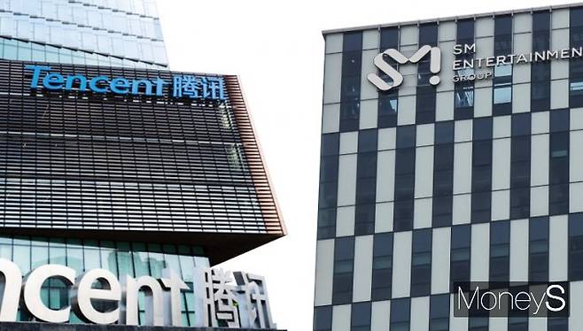 국내 엔터테인먼트 기업 '에스엠'(SM엔터테인먼트)이 중국 텐센트뮤직과 협력해 현지 시장 공략에 나선다. /그래픽=김은옥 기자