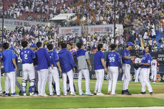 7연승에 성공한 삼성 라이온즈 선수단./삼성 라이온즈