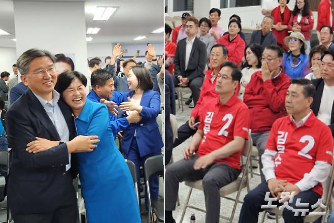 제21대 대통령선거 투표 종료 직후인 3일 오후 8시 방송 3사(KBS·MBC·SBS) 출구조사 발표가 나오자 희비가 엇갈린 더불어민주당(왼쪽), 국민의힘(오른쪽) 부산선대위 표정. 정혜린·김혜민 기자