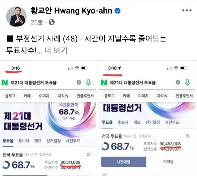 ▲황교안 전 국무총리가 3일 오후 자신의 페이스북에서 부정선거론을 제기하고 있다.ⓒ페이스북 갈무리