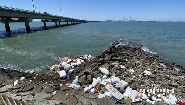 4일 오후 인천시 연수구 송도랜드마크시티1호 수변공원 앞에 해양쓰레기들이 바닷물에 밀려 쌓이고 있다. 2025.6.4 /조재현기자 jhc@kyeongin.com