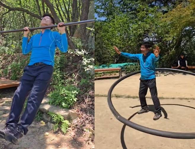 김문수 전 국민의힘 대선후보가 턱걸이와 훌라후프를 하는 모습. /페이스북