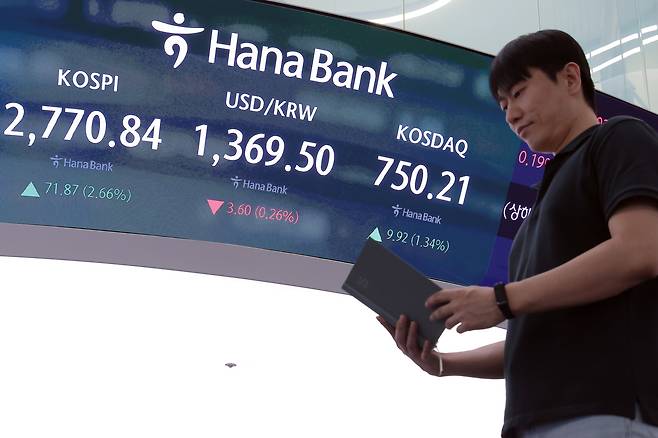 4일 오후 서울 중구 하나은행 본점 딜링룸 전광판에 원·달러 환율과 증시가 표시되고 있다.  /뉴스1