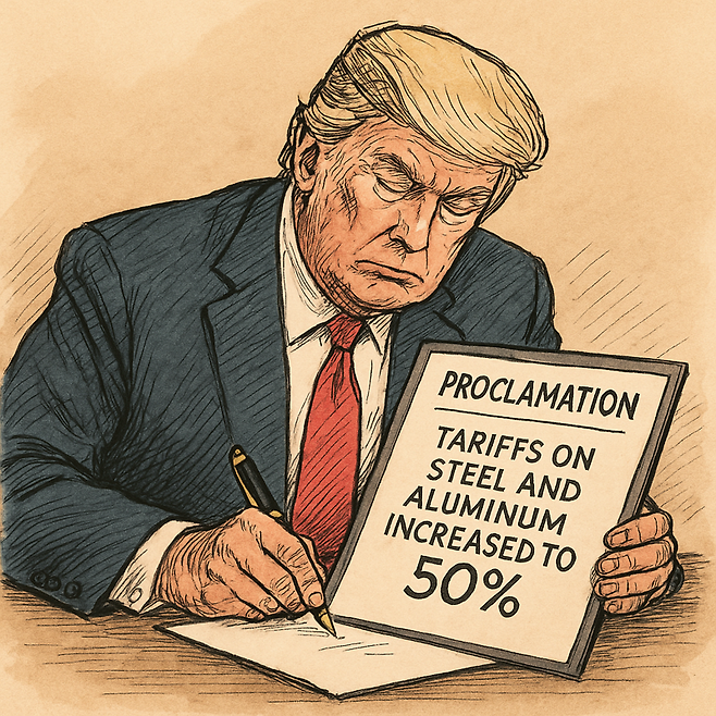 도널드 트럼프 미국 대통령이 3일(현지시간) 미국으로 수입되는 모든 외국산 철강·알루미늄 제품의 관세율을 25%에서 50%로 인상하는 포고문에 서명했다. 이미지=챗GPT '이미지젠' 생성