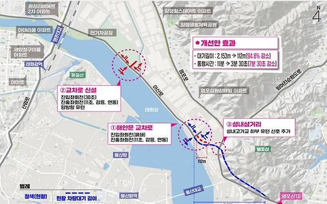 울산시의 아산로 교통 체계 개선 사업 계획. 6월 착공해 오는 9월 완료 예정이다. 울산시 제공