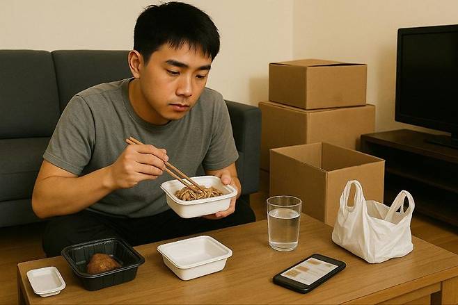 챗 GPT가 형상화 한 1인가구 증가와 식품포장지 수요 증가 이미지. 챗GPT 제공.