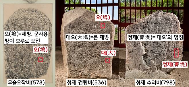 1946년 발견된 무술오작비의 ‘오(塢)’는 청제비(1968)에서 ‘대오(大塢)’로 등장한다. 중국에서 군사용 방어 제방로 사용되는 ‘오(塢)’가 신라에서는 ‘관개용 제방’으로 쓰였다는 사실을 알 수 있다.