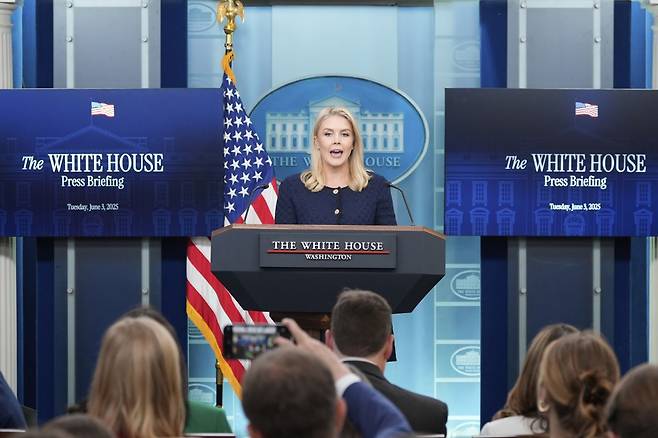캐럴라인 레빗 미국 백악관 대변인이 3일(현지시간) 브리핑룸에서 브리핑을 하고 있다. 연합뉴스