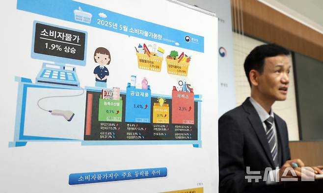 [세종=뉴시스] 강종민 기자 = 이두원 통계청 경제동향통계심의관이 4일 세종시 정부세종청사에서 2025년 5월 소비자물가동향을 발표하고 있다.  지난달 소비자물가지수는 116.27로 전년 동월 대비 1.9% 상승한 것으로 나타났다. 2025.06.04. ppkjm@newsis.com