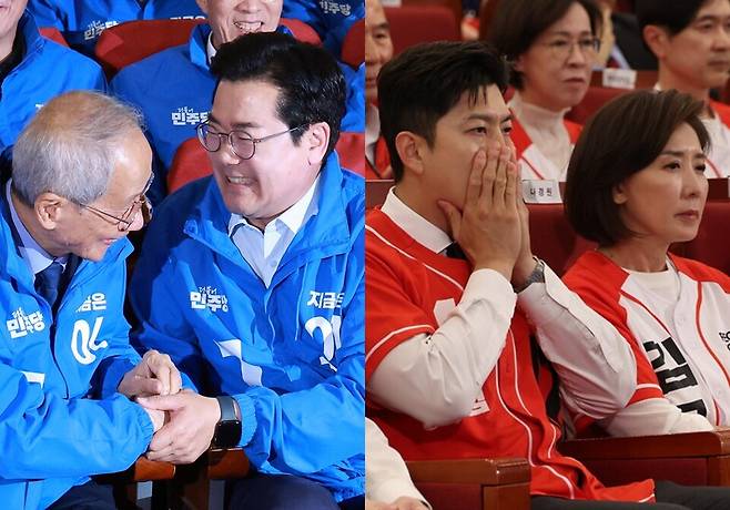 왼쪽은 더불어민주당의 박찬대, 윤여준 상임총괄선대위원장이 6월3일 국회의원회관 개표상황실에서 제21대 대통령선거 지상파 출구조사 결과 발표에 웃으며 악수하는 모습이다. 오른쪽은 같은 시간 국민의힘의 김용태 비상대책위원장과 나경원 공동선거대책위원장 등이 국회도서관에 마련된 개표상황실에서 방송사 출구조사 결과를 침울하게 지켜보는 모습이다. ⓒ연합뉴스