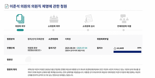 해당 청원은 이날 오후 3시 기준 1만 3371명의 동의를 얻었다. 청원은 5만명 이상의 동의를 얻으면 국회 소관 상임위원회로 회부된다. 다만, 지금까지 국민동의 청원을 통해 국회의원이 제명된 사례는 없다. 국민동의청원 홈페이지