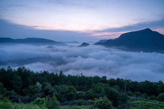 구름에 뒤덮인 동강전망자연휴양림 앞 백운산 일대 동강.