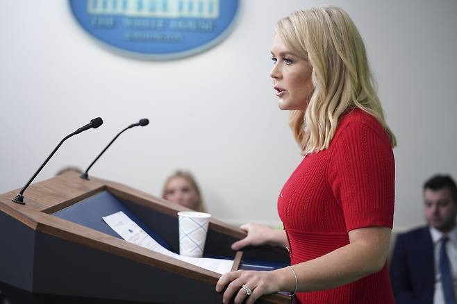 캐롤라인 레빗 미 백악관 대변인이 브리핑 중 설명하고 있다. [AP]