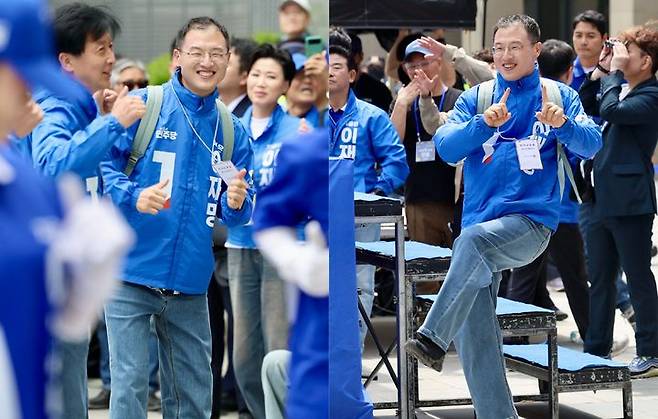 [서울=뉴시스] 권창회 기자 = 더불어민주당에 입당한 김상욱 의원이 19일 서울 용산구 용산역 광장에서 열린 이재명 더불어민주당 대선 후보의 집중유세에서 유세활동을 하고 있다. 2025.05.19. kch0523@newsis.com *재판매 및 DB 금지