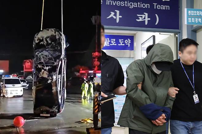 전남 진도에서 차량을 바다에 빠뜨려 일가족을 숨지게 한 40대 가장이 지난 4일 구속 전 피의자심문(영장실질심사)을 위해 광주 북부경찰서 유치장을 나서고 있다. 왼쪽은&nbsp;지난 2일 진도항에서 일가족 4명이 탑승했던 차량을 인양하는 모습. 뉴스1