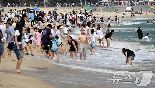 제21대 대통령 선거일이자 초여름 날씨를 보인 3일 오후 부산 해운대해수욕장을 찾은 시민, 관광객 등이 물놀이를 즐기며 더위를 식히고 있다. 2025.6.3/뉴스1 ⓒ News1 윤일지 기자
