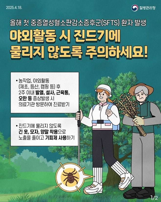 진드기가 옮기는 중증열성혈소판감소증후군(SFTS) 감염 사례가 전국적으로 확산되고 있다. 질병관리청