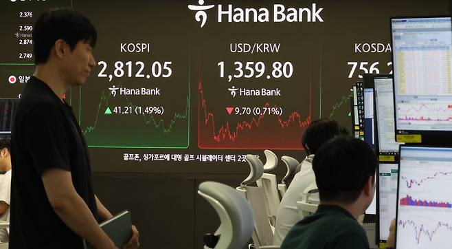 5일 오후 서울 중구 하나은행 딜링룸에 코스피, 코스닥 종가와 환율 시황이 표시되고 있다.   2025.6.5/뉴스1 ⓒ News1 장수영 기자
