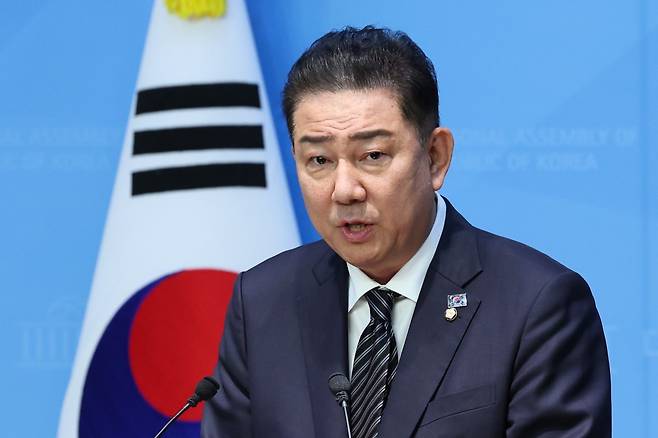 김병기 더불어민주당 의원이 5일 서울 여의도 국회 소통관에서 제22대 국회 제2기 민주당 원내대표 출마를 선언하고 있다. 2025.6.5 뉴스1