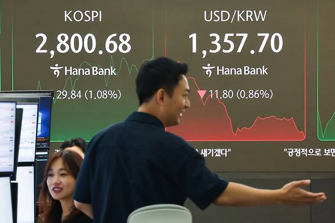 5일 오전 서울 중구 하나은행 본점 딜링룸 현황판에 코스피가 표시돼 있다. 연합뉴스