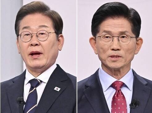 지난 5월18일 서울 마포구 상암동 SBS 프리즘센터 스튜디오에서 열린 제21대 대선 1차 후보자 토론회를 준비하고 있는 이재명 대선후보(왼쪽), 국민의힘 김문수 대선후보(오른쪽). 국회사진기자단