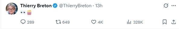 티에리 브르통 전 유럽연합 집행위원이 5일(현지시간) 엑스에 팝콘 이모티콘을 올렸다.  엑스 캡처