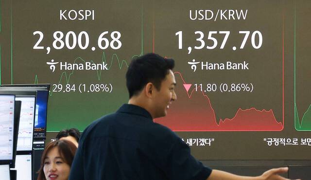 5일 오전 서울 중구 하나은행 본점 딜링룸 현황판에 코스피가 표시돼 있다. 이날 코스피는 전장보다 19.49p(0.70%) 오른 2,790.33로 시작해 장중 2,800을 돌파하기도 했다. 연합뉴스