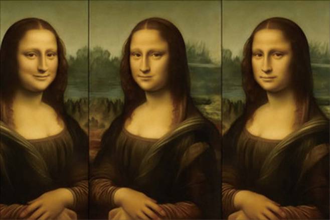 모나리자의 얼굴(가운데 그림)을 좌우로 나누어 각각을 거울상으로 복제한 그림(챗GPT로 제작). 실험 결과, 왼쪽-왼쪽 얼굴(왼쪽 그림)을 피험자들 대부분은 행복한 표정으로 평가했다. 오른쪽-오른쪽 얼굴(오른쪽 그림)을 행복하다고 평가한 사람은 아무도 없었다. 연구자들은 모나리자의 비대칭 미소는 ‘가짜 미소’라고 결론 내렸다.