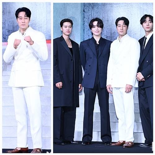 배우 소지섭이 ‘광장’ 제작발표회 현장에서 유일하게 다른 드레스 코드로 등장해 웃음을 자아냈다. 사진=천정환 기자