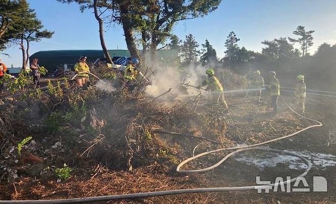 [제주=뉴시스] 5일 오후 제주시 조천읍 남조로3길 과수원에서 화재가 발생하자 신고를 받고 출동한 소방당국이 불을 끈 후 잔불 정리를 하고 있다. (사진=제주도소방안전본부 제공) 2025.06.06. photo@newsis.com  *재판매 및 DB 금지