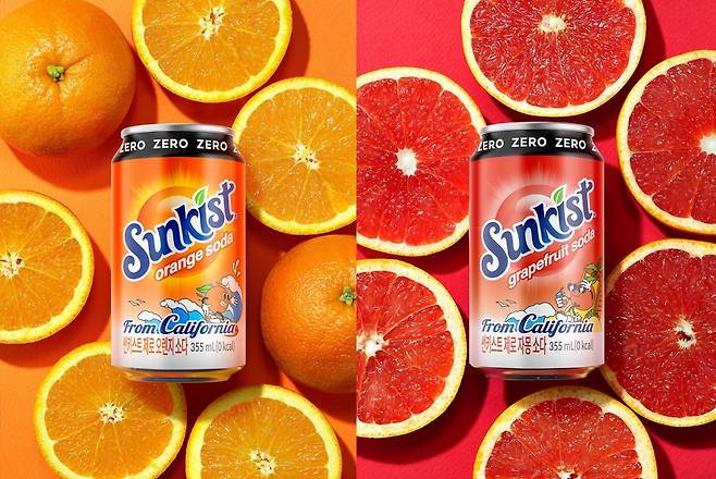 썬키스트 제로 오렌지 소다(왼쪽)과 썬키스트 제로 자몽 소다        사진제공｜광동제약