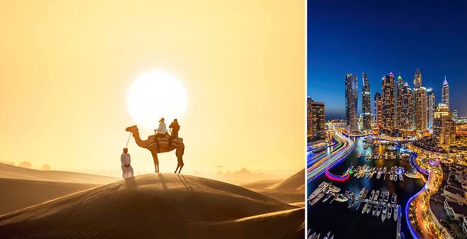 석양 아래 낙타 사파리와 마리나의 야경. 사진제공|VisitDubai