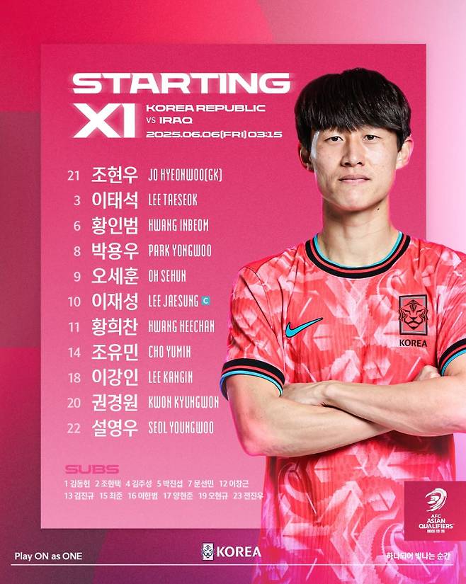 이라크와의 2026 FIFA 북중미 월드컵 아시아 3차 예선 대한민국 축구 국가대표팀 선발 라인업. /사진=대한축구협회 제공